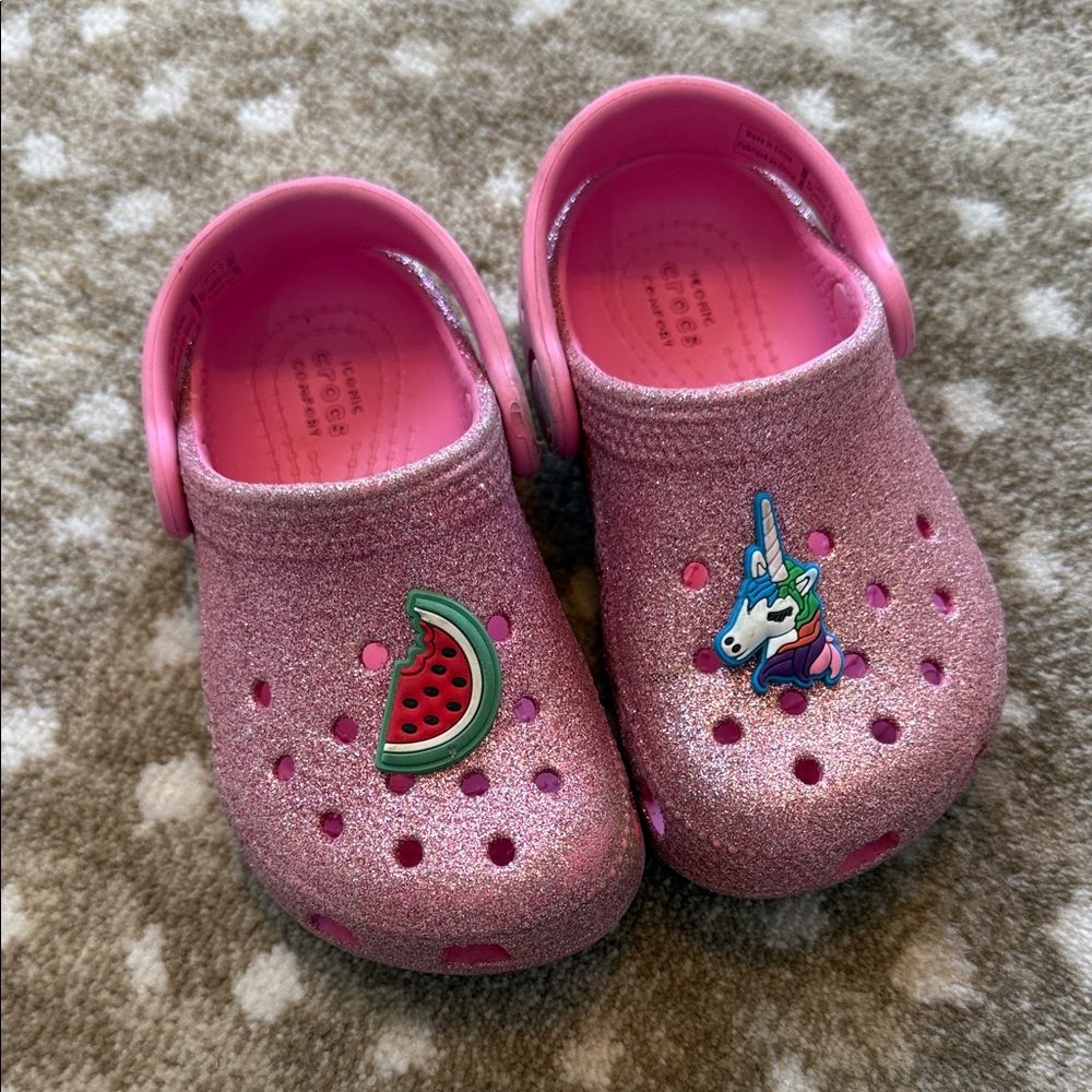 Kids Glitter Pink Clog Shoes with Unicorn & Watermelon Charms